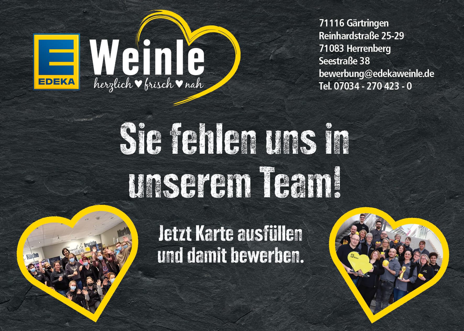 Bewerbungskarte EDEKA Weinle - Vorderseite Sie fehlen uns in unserem Team! Jetzt bewerben