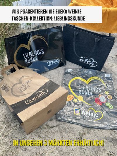 Edeka Weinle Taschenkollektion 4 unterschiedliche Taschen mit dem Aufdruck "Edeka Weinle Lieblingskunde"