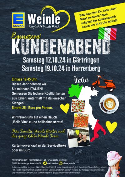 Herzliche Einladung zu unserem italienischen Kundenabend 2024 in Gärtringen und Herrenberg
