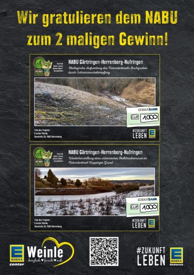 Plakat mit zwei Naturfotos und dem Text "Wir gratulieren dem NABU zu 2maligen Gewinn!"