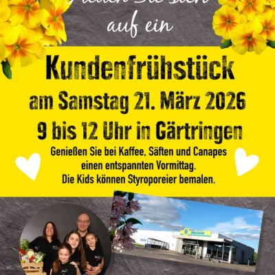 Genießen Sie Kaffee, Säfte & Canapes am Samstag, 21. März 2026 von 9 bis 12 Uhr bei Ihrem Einkauf in Gärtringen. Die Kids können Styroporeier bemalen.