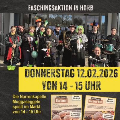 Ein Bild der Narrenkapelle Muggaseggele und der Werbung für die Berliner-Box